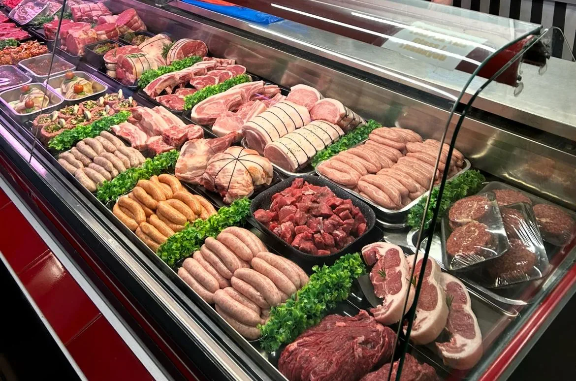 Wide view of The Butchers Blade meat counter in Sandbach Market Hall