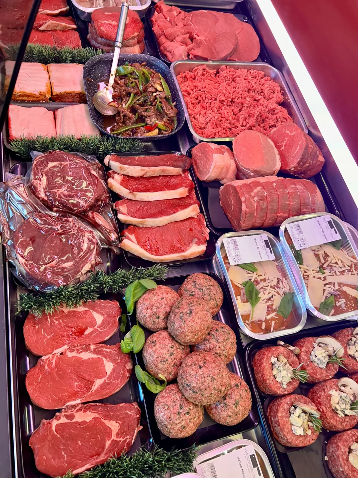 Beef steaks, gluten-free burgers and roasting joints in the Sandbach butcher’s display
